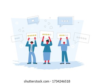 Feedback concept. Client review. People holding plackards with gold stars in their hands. Service rating. Satisfaction level. Consumer product ranking. Vector flat illustration.