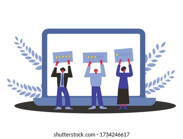Feedback concept. Client review. People holding plackards with gold stars in their hands. Service rating. Satisfaction level. Consumer product ranking. Vector flat illustration.