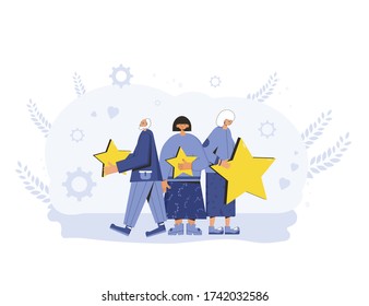 Feedback concept. Client review. People in casual clothes holding gold stars in their hands. Service rating. Satisfaction level. Consumer product ranking. Vector flat illustration.