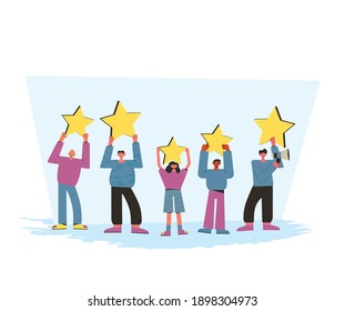 Feedback concept. Client review. People holding stars in their hands. Service rating. Satisfaction level. Consumer product review Vector flat illustration.