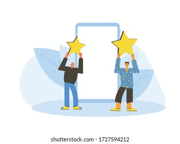 Feedback concept. Client review. Senior and young men holding stars in their hands with phone screen. Service rating. Satisfaction level. Consumer product review Vector flat illustration.