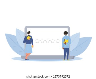 Feedback concept. Client review. Two persons holding stars in their hands with laptop screen. Service rating. Satisfaction level. Consumer product review Vector flat illustration.