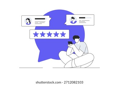 Concepto de Comentarios. Calificación de satisfacción de los clientes y dejar una reseña positiva. Ilustración vectorial plana de la historieta, icono Web elegante de la página de aterrizaje del diseño abstracto