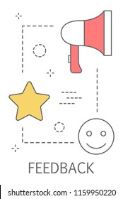 Feedback concept. Customer review on a product. Positive or negative comment. Line icon set with star and megaphone. Isolated flat vector illustration