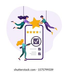 Feedback Concept. Customer Review Rating. People Leaving Five Star Rating On A Giant Smartphone. Flat Vector Illustration.