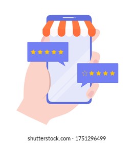 Feedback concept. Customer review rating online shopping. Online store app reputation. Shopping online ranking with a star. Vector, illustration, EPS, flat.