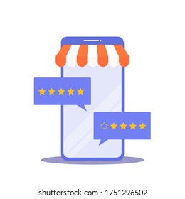 Feedback concept. Customer review rating online shopping. Online store app reputation. Shopping online ranking with a star. Vector, illustration, EPS, flat.
