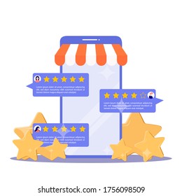 Feedback concept. Customer review rating online shopping. Online store app reputation. Shopping online ranking with a star. Vector, illustration, EPS, flat.