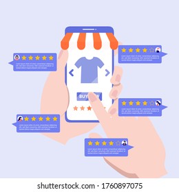 Feedback concept. Customer review rating online shopping. Online store app reputation. Shopping online ranking with a star. Vector, illustration, EPS, flat.