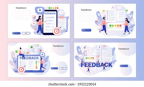 Feedback concept. Customer survey, review and opinion. Tiny people leave feedback in online service. Screen template for landing page, template, ui, web, mobile app, poster, banner, flyer. Vector 