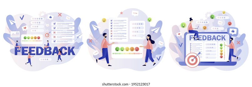 Feedback Concept. Customer Survey, Review And Opinion. Tiny People Clients Leave Feedback In Online Service. Modern Flat Cartoon Style. Vector Illustration On White Background