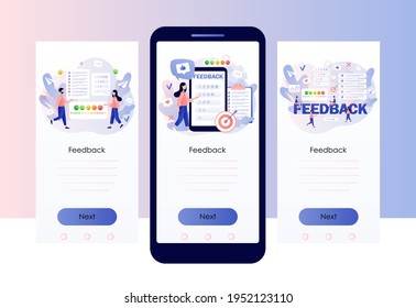 Feedback concept. Customer survey, review and opinion. Tiny people clients leave feedback in online service. Screen template for mobile smart phone. Modern flat cartoon style. Vector illustration