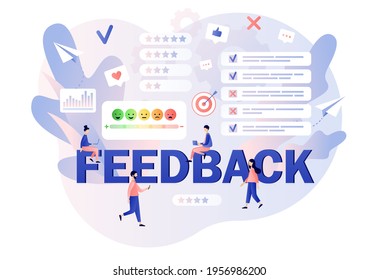 Feedback concept. Customer survey, review and opinion. Tiny people clients leave feedback, put assessment in online service. Modern flat cartoon style. Vector illustration on white background