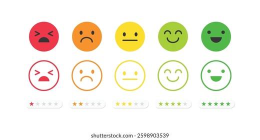 Feedback concept design set. Feedback emoji. Bad and Good Review. Emoticon, emoji and smile, emotions scale. Happy and Sad reaction. Mood faces for survey, rating icons. Vector illustration