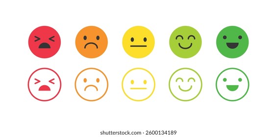 Feedback concept design set. Feedback emoji. Bad and Good Review. Emoticon, emoji and smile, emotions scale. Happy and Sad reaction. Mood faces for survey, rating icons. Vector illustration