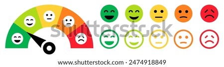 Feedback concept design set. Feedback emoji. Bad and Good Review. Emoticon, emoji and smile, emotions scale. Happy and Sad reaction. Mood faces for survey, rating icons. Vector illustration