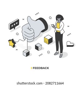 Concepto de retroalimentación. Una clienta mujer responde al servicio prestado por la empresa, otorgando la calificación o revisión.  Ilustración isométrica del vector