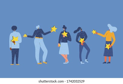 Feedback concept. Five characters holding stars in their hands. Service rating. Satisfaction level. Consumer product review Vector flat illustration.