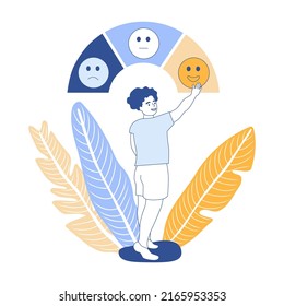 Concepto de retroalimentación. El tipo elige una evaluación positiva para el servicio o producto, retroalimentación del cliente, escala de satisfacción sonrisa emoji. Banner web de la clasificación de la excelencia o de la reputación del vector de la reputación comercial