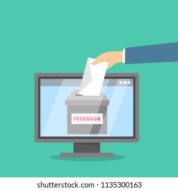 Feedback concept. Hand putting paper with review in the feedback box. Product rating in the internet. Vector flat illustration