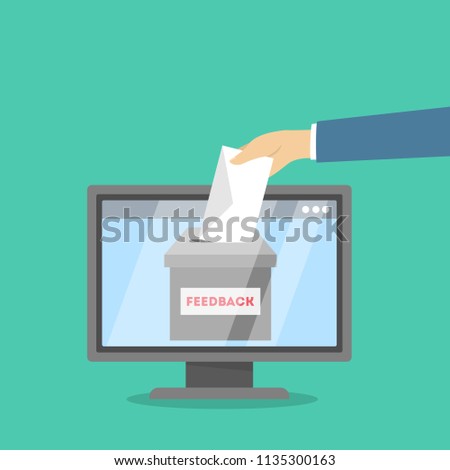 Feedback concept. Hand putting paper with review in the feedback box. Product rating in the internet. Vector flat illustration