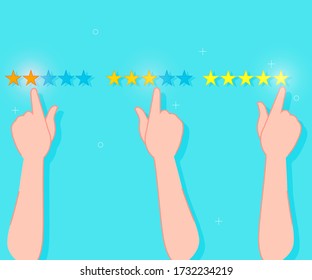 Feedback concept hands give star ratings cartoon flat vector illustration modern style