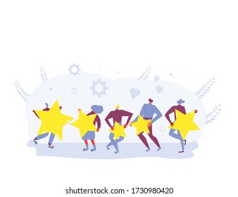 Feedback concept. Happy clients standing  and dancing with mark symbols. People holding stars in their hands. Service rating. Consumer product review Vector flat illustration.