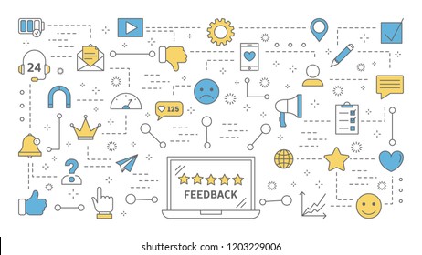 Feedback concept. Idea of a customer rating and review. Leave a comment and subscribe. Product evaluation. Set of colorful line icons. Isolated flat vector illustration