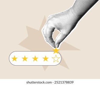 Ilustración de concepto de Comentarios. La mano de semitono de Vector sostiene la estrella. Comentarios Cliente, evaluación.