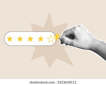 Feedback concept illustration. Vector Halftone hand holds star. Customer feedback, evaluation.