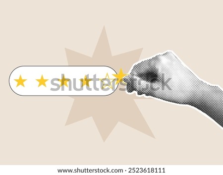 Feedback concept illustration. Vector Halftone hand holds star. Customer feedback, evaluation.