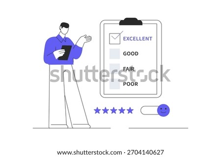 Feedback concept. Man Character fills out questionnaire form and gives excellent mark. Customer satisfaction ranking. Flat Cartoon Vector Illustration, icon Stylish abstract design landing page web