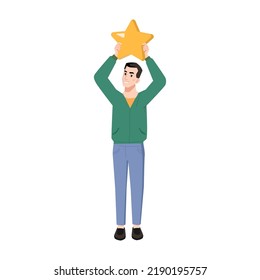 Feedback concept, man holding star in hand isolated flat cartoon character. Vector customer rating, client review, comment on opinion, result or experience, rate