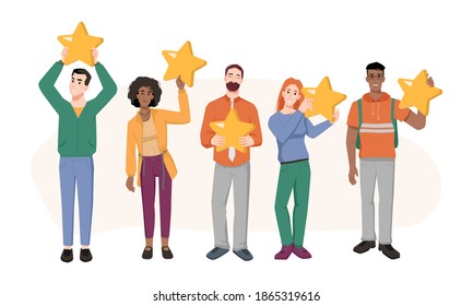 Feedback concept, man and woman holding five stars in hands isolated flat cartoon characters. Vector customers positive rating, clients review, comment on opinion, result or experience, top 5 rate