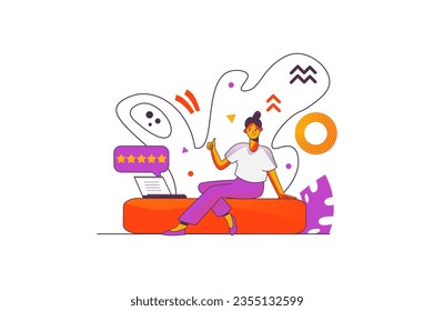 Feedback concept with people scene in the flat cartoon design. The young blogger is happy about the positive reviews left by her followers. Vector illustration.