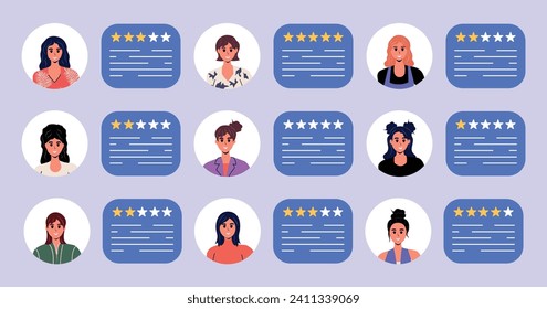 Concepto de retroalimentación. La gente escribe reseñas en un sitio web o aplicación. Evaluación de la calidad de los servicios y bienes. Servicio de ayuda. Cliente y cliente habitual. Encuesta. Ilustración de material de vectores.
