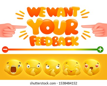 Feedback concept. Rank, level of satisfaction rating in form of yellow emoji cartoon characters. User experience. Review of consumer. Vector illustration