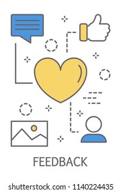 Feedback concept. Rating feedback on the website. Idea of good experience and satisfaction. Line icon set with heart, picture and speech bubble. Isolated vector illustration