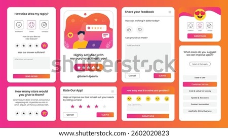 Feedback concept set. Client and user satisfaction scene template for website and mobile apps. leaving quality rating. people characters activities. Customer support and FAQ conce. Vector illustration
