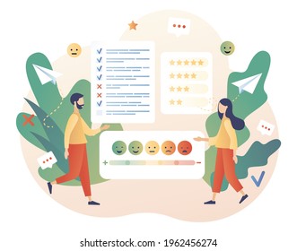 Feedback concept. Tiny people leave feedback and put assessment in online service. Customer survey, review and opinion. Modern flat cartoon style. Vector illustration on white background