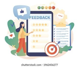 Feedback concept. Tiny woman  leave feedback, put assessment online in smartphone app. Customer survey, review and opinion. Modern flat cartoon style. Vector illustration on white background
