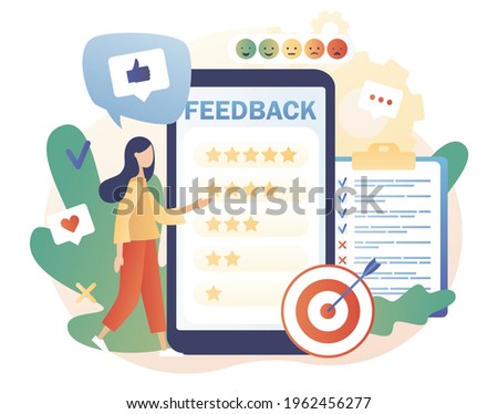 Feedback concept. Tiny woman  leave feedback, put assessment online in smartphone app. Customer survey, review and opinion. Modern flat cartoon style. Vector illustration on white background