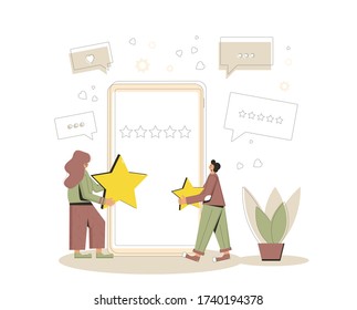 Concepto de retroalimentación. Dos clientes jóvenes. Gente sosteniendo estrellas en sus manos cerca de un teléfono enorme. Clasificación de servicio. Nivel de satisfacción. Revisión de productos de consumo Ilustración plana Vector.