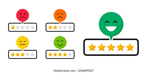 Feedback concept. User reviews with emoticons and rating stars. Customer reviews. Satisfaction rating and level various emotions. Vector illustration.