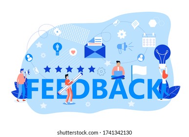 Feedback concept vector. User are  giving five star Feedback. Clients choose best rating. People writing positive review. Feedback consumer illustration for web, social net. 