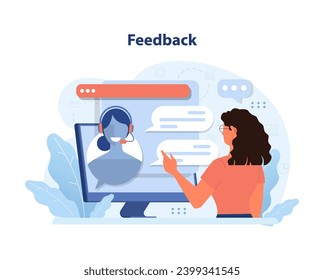 Feedback concept. Woman interacts with virtual assistant on computer. Sharing insights, discussing issues. Responsive customer support. Flat vector illustration