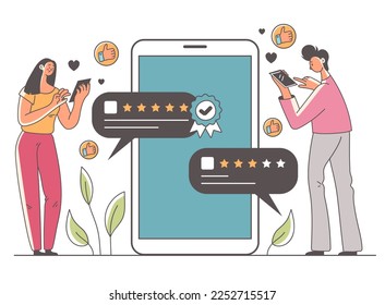 Feedback customer experience rate content review concept. Marketing service quality rating personal opinion line art style. Vector cartoon graphic design element illustration