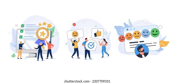 Feedback customer rating. Characters filling survey form, giving positive feedback filing checklist on smartphone and computer. Vector illustration set. User experiences concept. Customer choice.