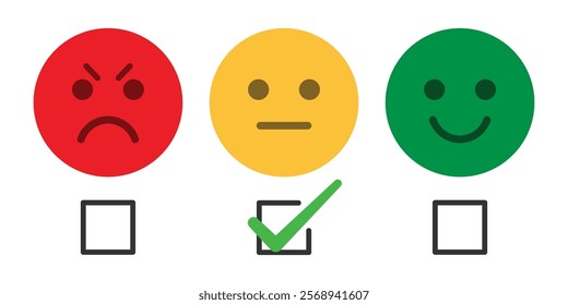 Feedback and customer rating emoji set with angry, normal and happy face with checkmark. Rating emoji set with check box and tick mark for customer feedback and product experience.