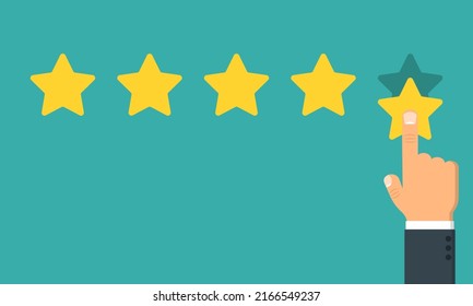 Comentarios del cliente. Calificación - cinco estrellas. El dedo da una retroalimentación positiva. Buena tasa. Mejor servicio. Ilustración vectorial plana.